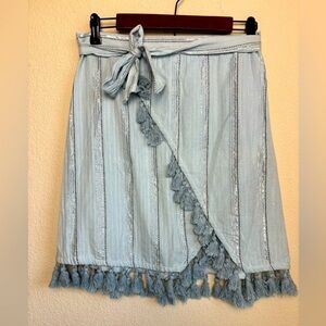 RAGA Anthropologie Baby Blue and Metallic Silver Skyla Tassel Wrap Look Skirt M